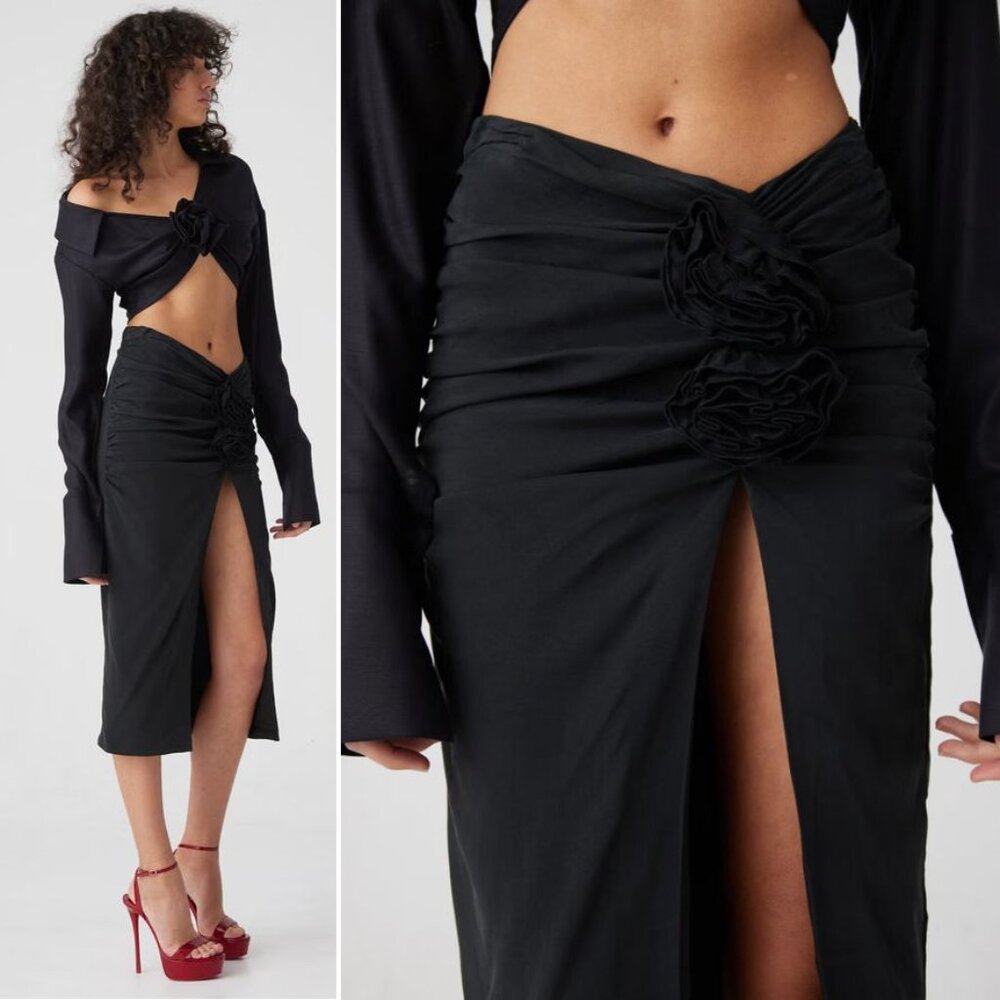 ATOIR Petal Midi Skirt US Size 10 Black Front Slit Floral Applique NEW